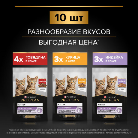 АКЦИЯ!!! Набор влажных кормов Purina Pro Plan HEALTHY START для котят с говядиной в соусе, с индейкой в соусе и с курицей в желе 85 г х 10 шт.