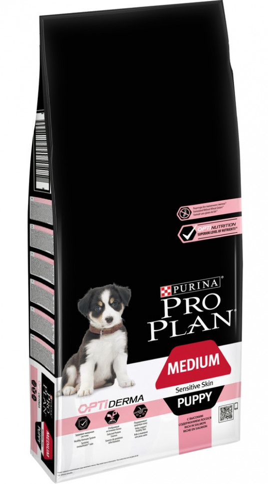 Корм Purina Pro Plan для щенков средних пород с чувствительной кожей,  лосось и рис, 12кг