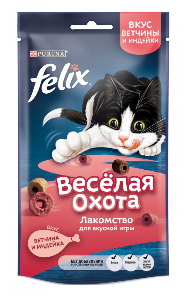 Лакомство Felix Весёлая охота для кошек, со вкусом ветчины и индейки, пауч,  50 г