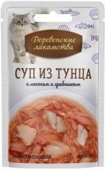 Деревенские Лакомства для кошек СУП из тунца с лососем и гребешком, 35г