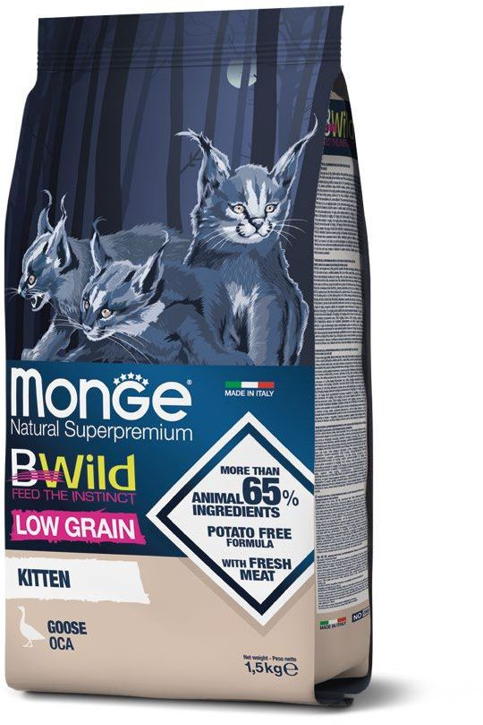 Корм Monge Cat BWild LOW GRAIN Kitten низкозерновой для котят из мяса гуся  1,5 кг