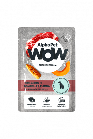 Влажный корм ALPHAPET WOW для собак с чувствительным пищеварением (ГОВЯДИНА, ТОМЛЕНАЯ ТЫКВА), 85 г