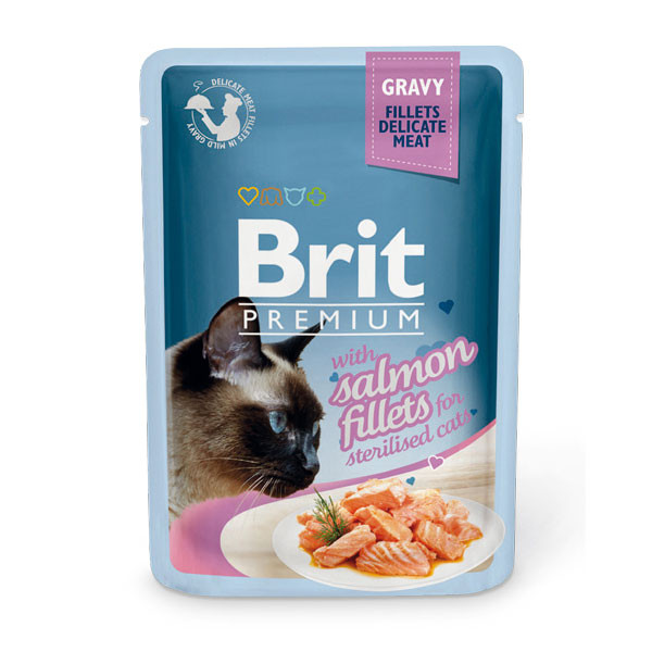 Влажный корм Brit Premium для стерилизованных кошек лосось в соусе (пауч)  85гр