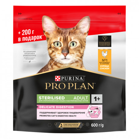 АКЦИЯ!!! Корм Purina Pro Plan Sterilised Delicate для стерилизованных кошек и кастрированных котов с чувствительным пищеварением, с курицей, 400 г + 200 г В ПОДАРОК!!!