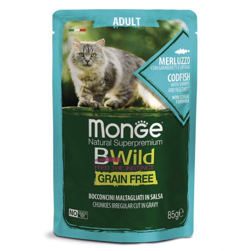 Влажный корм Monge Cat BWild GRAIN FREE из трески с креветками и овощами  для взрослых кошек