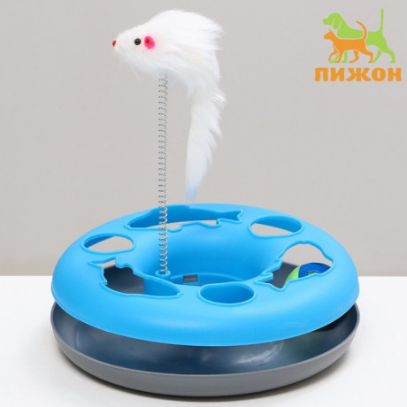 Игрушка для кошек "Загадочный круг - Рыбки", мышь на пружине и шарик, 23 х 7 см, синяя/белая