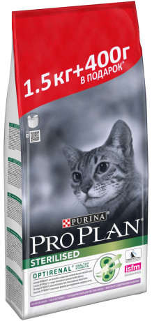 АКЦИЯ!!! Корм Purina Pro Plan "Sterilised Optirenal" для кастрированных котов и стерилизованных кошек, с индейкой, 1,5 кг + 400г
