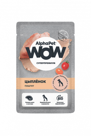 Влажный корм ALPHAPET WOW паштет для щенков, беременных и кормящих собак (ЦЫПЛЕНОК), 85 г