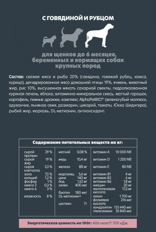 Корм AlphaPet для щенков до 6 месяцев, беременных и кормящих собак крупных пород (говядина, рубец) 1,5 кг